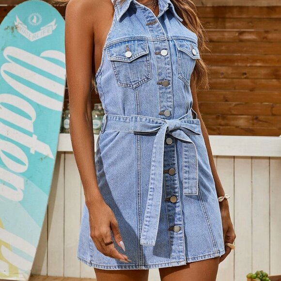 Light Wash Casual Women's Sleeveless Denim Halter Neck Dress - Picture 5 of 6